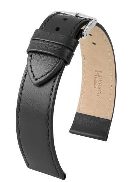 Hirsch Umbria Untextured Black Leather Watch Strap, Matching Stitching #137202-50