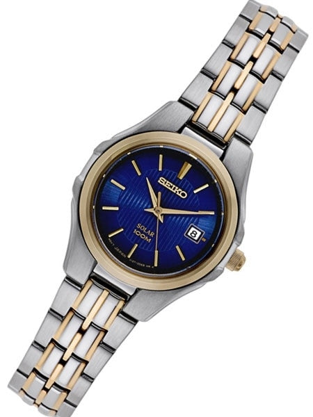 Seiko Two-Tone Women's Solar Dress Watch with Blue Dial, Goltone Hands and Markers #SUT224