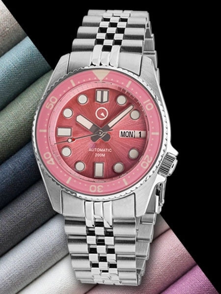 Islander 38mm Automatic Pink Dive Watch with Solid-Link Bracelet, AR Double Dome Sapphire Crystal, and Luminous Sapphire Bezel Insert #ISL-52