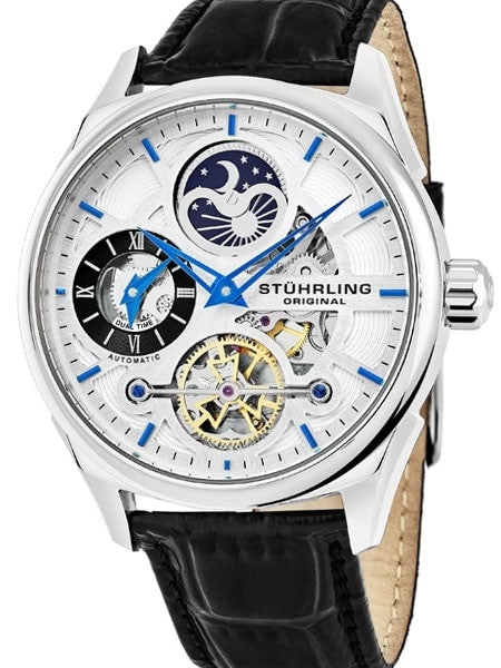 Stuhrling automatic dual time watch with 42mm case, semi-skeleton dial, black leather strap #657.01
