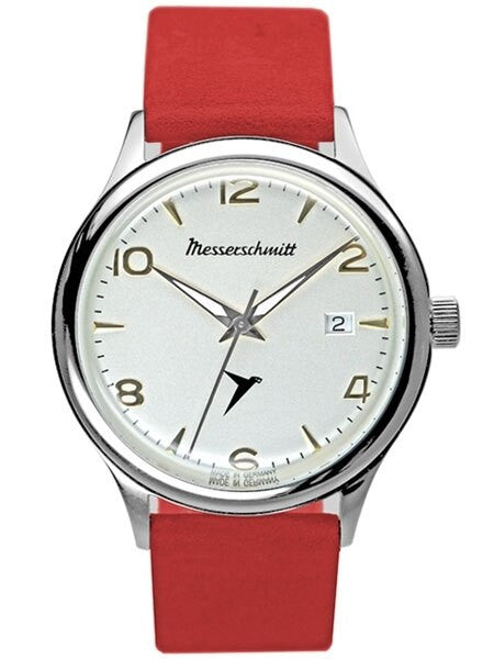 Messerschmitt White Dial Swiss Quartz Watch with Red Leather Strap #KR500-SR