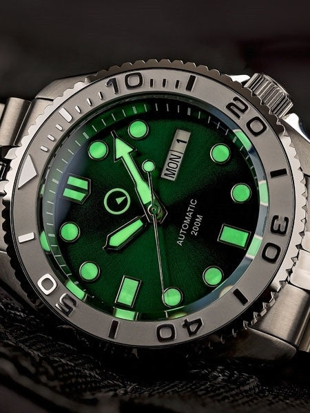 Islander Green Dial Automatic Dive Watch with Bracelet, Double-Domed AR Sapphire Crystal, and Embossed Ceramic Bezel Insert #ISL-44