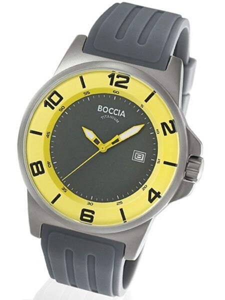 Boccia Mens Grey-Yellow Dial Quartz Sport Watch with 45mm Titanium Case and Grey Rubber Strap #3535-64
