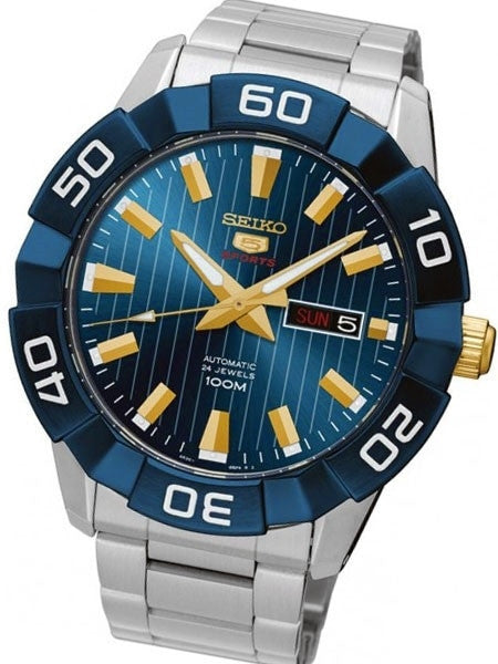 Seiko 45mm Sports 5 Automatic 24-Jewel Watch with Pinstriped Blue Dial #SRPA53K1