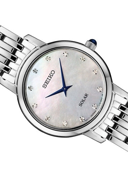 Seiko Solar Dress Watch with with Diamond Hour Markers, Mother of Pearl Dial #SUP397