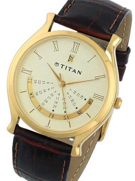 Titan Goldtone Classique Dress Watch with Precision Quartz Movement and Leather Strap #1482YL03