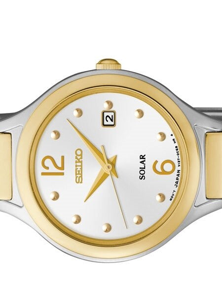 Seiko Two-Tone Women's Solar Dress Watch with White Dial, Goltone Hands and Markers #SUT178