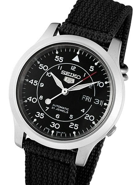Scratch and Dent - Seiko 5 Military Black Dial Automatic Watch,  Black Canvas Strap #SNK809K2