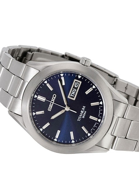 Seiko Quartz Blue Dial Watch with 37mm Titanium Case and Folded Bracelet #SGG709