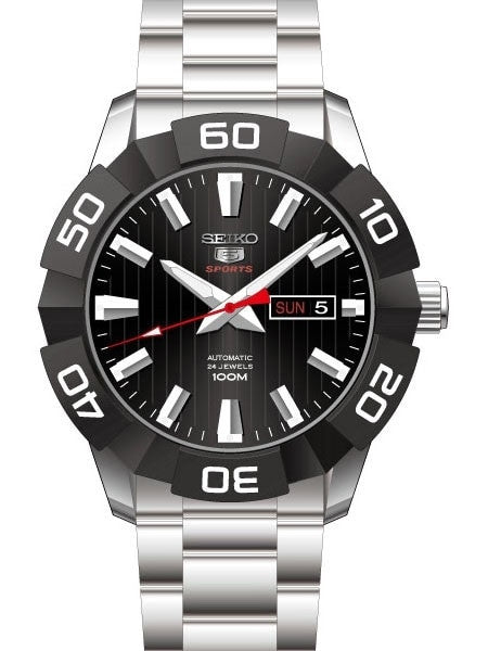 Seiko 45mm Sports 5 Automatic 24-Jewel Watch with Black Dial and Bezel #SRPA55K1