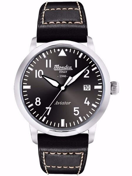 Mondia 1946 Aviator Dial Watch with Black Leather Strap #MI-780-SS-03BK-CP