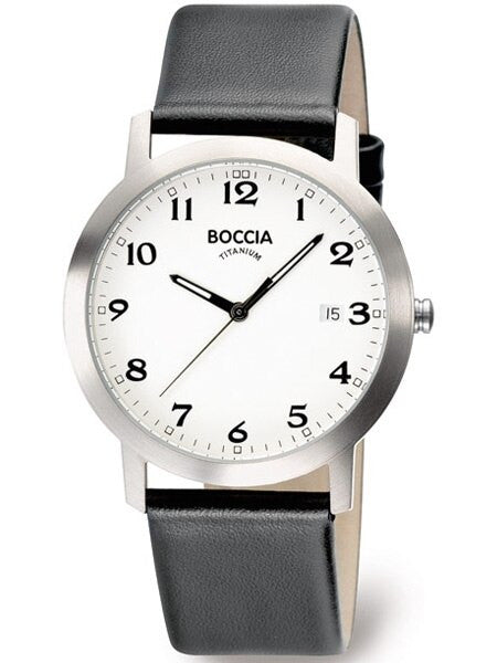 Boccia Mens Silver Quartz Watch with 38mm Titanium Case and Leather Strap #3544-01