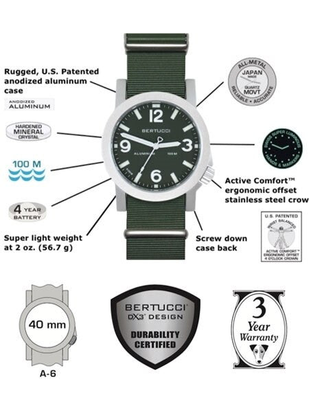 Bertucci Experior Anodized Aluminum Unibody Watch with Italian rubber strap #16509 specs