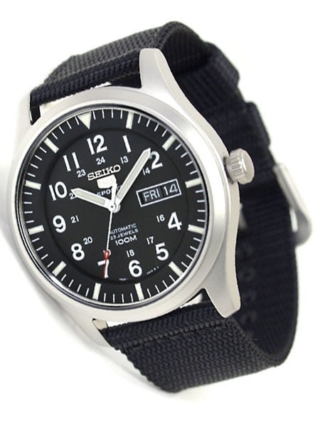 Seiko Military Black Dial Automatic Watch with 42mm Case, Black Canvas Strap #SNZG15K1