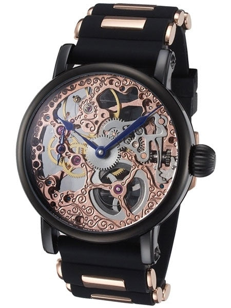 Rougois Rose Gold Plated Hand Wind Decorated Skeleton Movement Watch with Black IP Case #RS10006-BSB