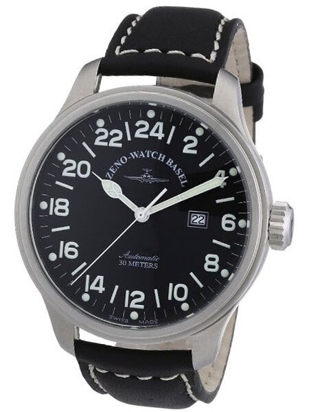 Zeno Mens XL 24-hour Pilot Watch with Black Dial, Black Leather Strap and Swiss Automatic Movement #8563-24-a1