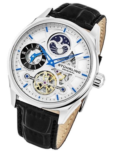 Stuhrling automatic dual time watch with 42mm case, semi-skeleton dial, black leather strap #657.01