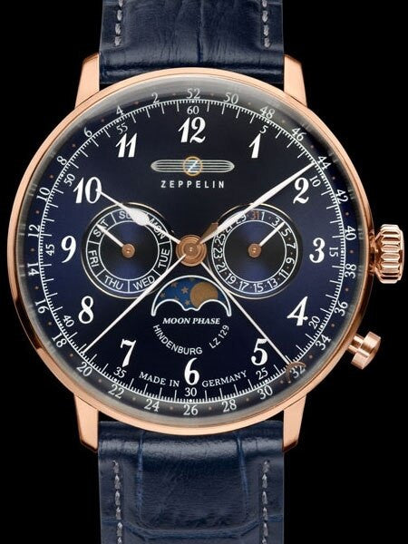 Graf Zeppelin Hindenburg Swiss Quartz Moonphase Calendar Watch #7038-3