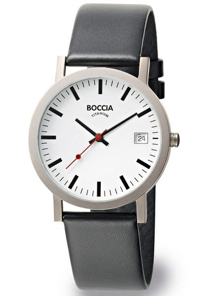 Boccia Mens Silver Quartz Watch with 38mm Titanium Case and Leather Strap #3538-01
