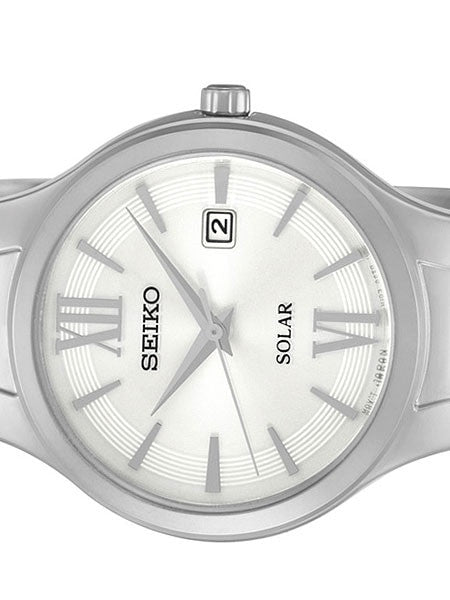 Seiko Women's Solar Watch with White Dial and Silvertone Hands and Markers #SUT207