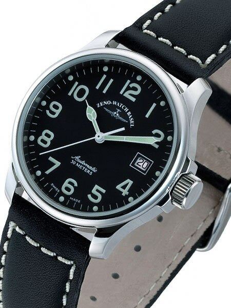 Zeno Mens Pilot Watch with Black Dial, Black Leather Strap and