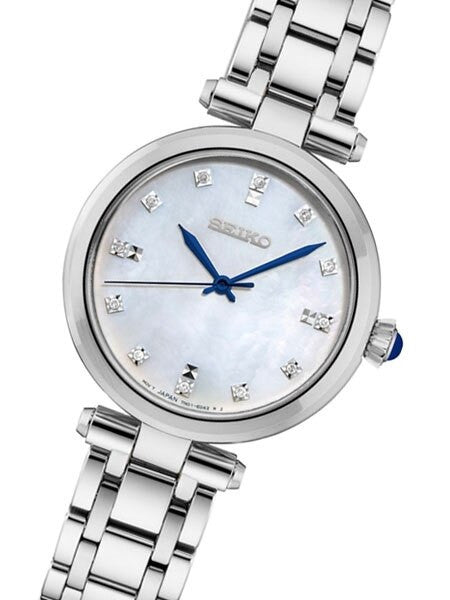 Seiko Ladies Quartz Dress Watch with with 12 Diamond Hour Markers, Mother of Pearl Dial #SRZ529