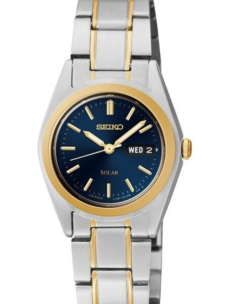 Seiko Two-Tone Women's Solar Dress Watch with Blue Dial, Goltone Hands and Markers #SUT110