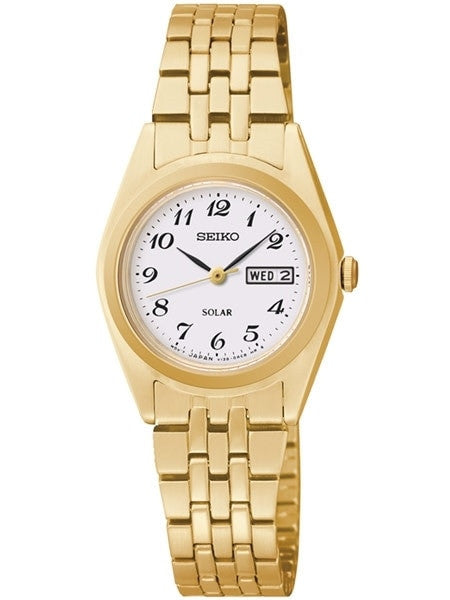 Seiko Goldtone Women's Solar Dress Watch with White Dial, Black Hands and Markers #SUT118