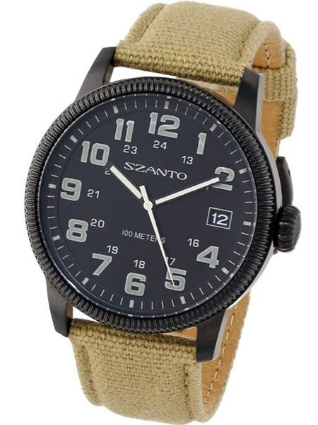 Szanto 42mm Black Ion Plated Vintage Inspired Military Aviator Watch #1102