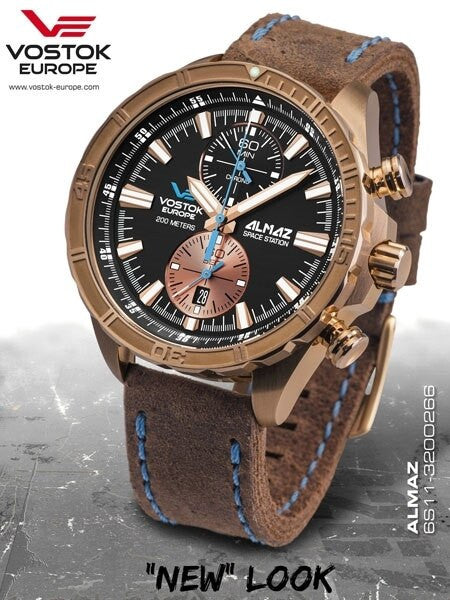 Vostok-Europe Almaz Bronze Two-Eye Quartz Chronograph with 60-Minute Stopwatch #320O266