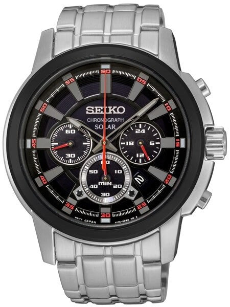 Seiko Black Dial, Solar Chronograph with Stopwatch and 24-hour Sub-Dial #SSC389