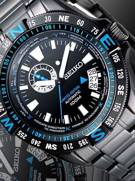 Seiko Limited Edition Black PVD Watch with Compass Function and 24-Hour Sub-dial #SSA115