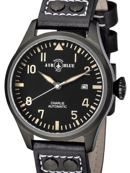 Air Blue Charlie Automatic Pilot Watch with 44mm PVD Case, Sapphire Crystal #CHARLIEAUTOPVDBLKTAN