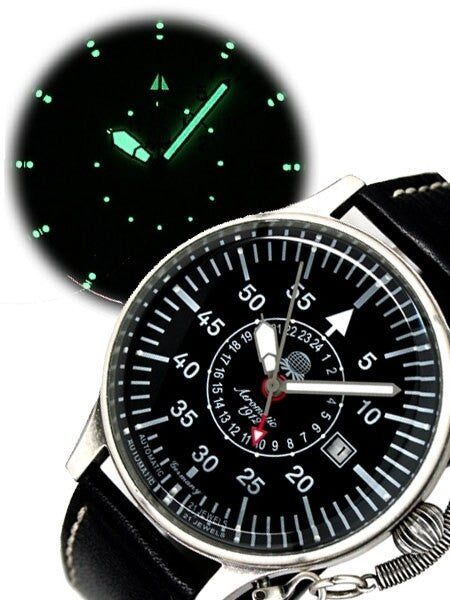 Aeromatic 1912 Automatic 24 Hour Watch, Black Dial and Spring Crown Guard #A1395