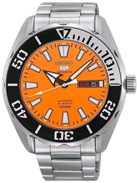Scratch and Dent - Seiko 5 Sports Automatic 24-Jewel Watch with Orange Dial and SS Bracelet #SRPC55K1