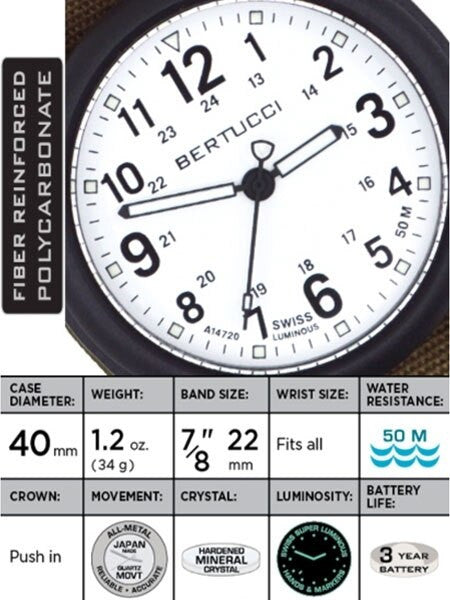 Bertucci DX3 Canvas Polycarbonate Unibody Watch, Bark Comfort Band, White Dial - 11089