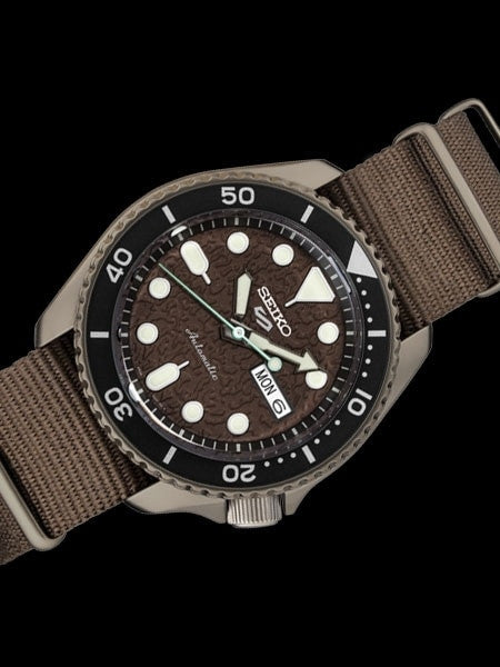 Seiko 5 Sports 24-Jewel Automatic Watch with Textured Chestnut Red Dial and Nylon Strap #SRPD85
