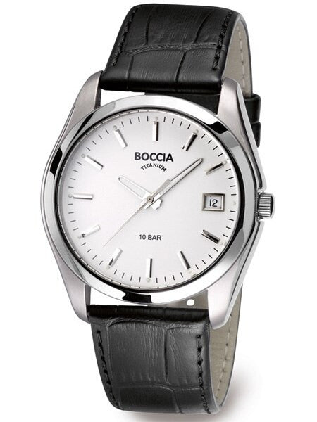 Scratch and Dent - Boccia Mens Silver Quartz Watch with 40mm Titanium Case and Leather Strap #3548-01