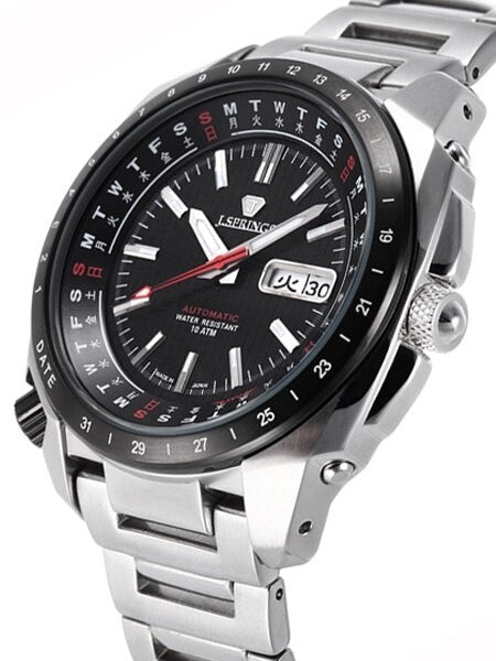 J. Springs Automatic 21-Jewel Retro-Future Watch with Day and Date, Black Dial #BEB069