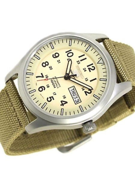 Seiko Military Creme Dial Automatic Watch with 42mm Case, Tan Canvas Strap #SNZG07K1