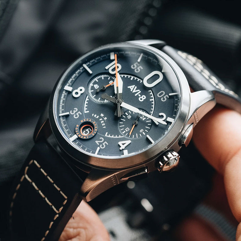 AVI-8 Spitfire Lock Japanese Meca-Quartz Chronograph, Blue Dial, Leather Strap #AV-4089-04