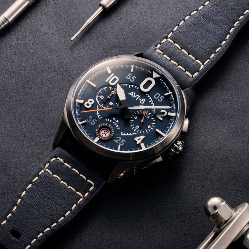 AVI-8 Spitfire Lock Japanese Meca-Quartz Chronograph, Blue Dial, Leather Strap #AV-4089-04