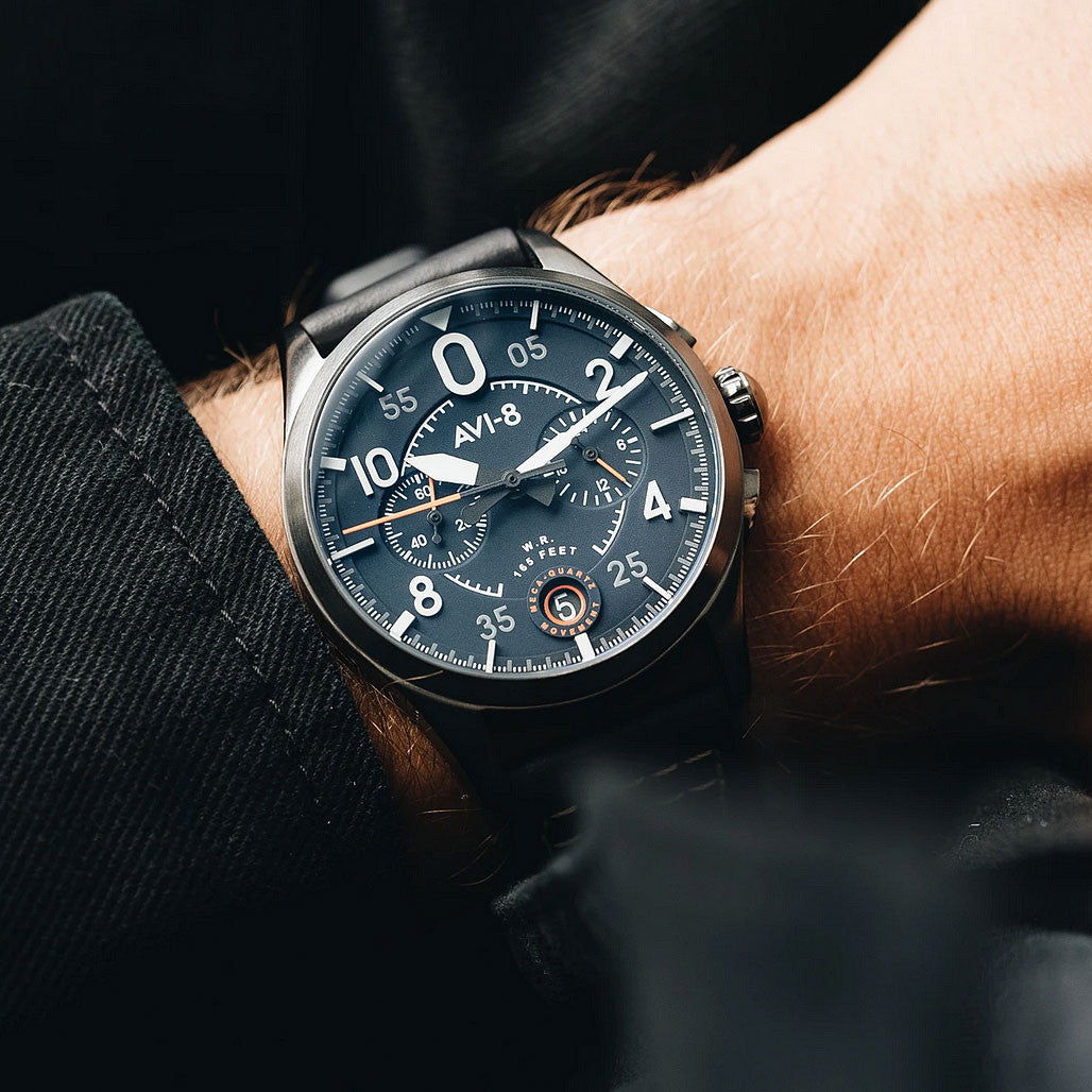 AVI-8 Spitfire Lock Japanese Meca-Quartz Chronograph, Blue Dial