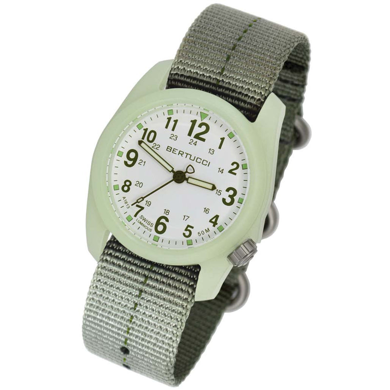 Bertucci DX3 Luminous Resin Watch, Olive Green Nylon Strap, White Dial - 11028