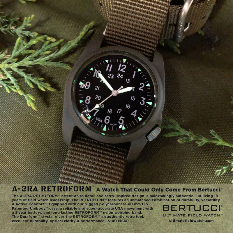 Bertucci retro-inspired Retroform field watch with a USA movement, 5 year battery and G-Type nylon band #11600 lifestyle