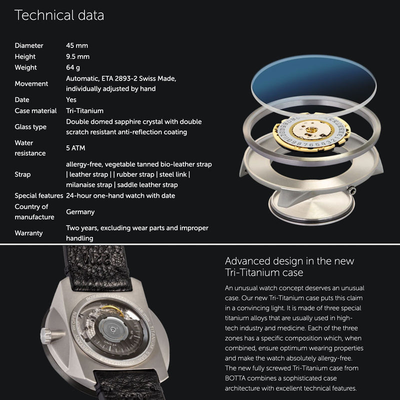 Botta UNO 24 one hand 24-hour Swiss Automatic watch with 45mm PVD titanium case #928010BE