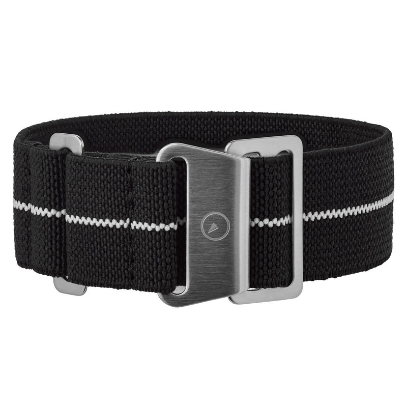 Black, White Stripe Elastic Woven Nylon Strap, Brushed Steel Clasp #EWB-20-SS