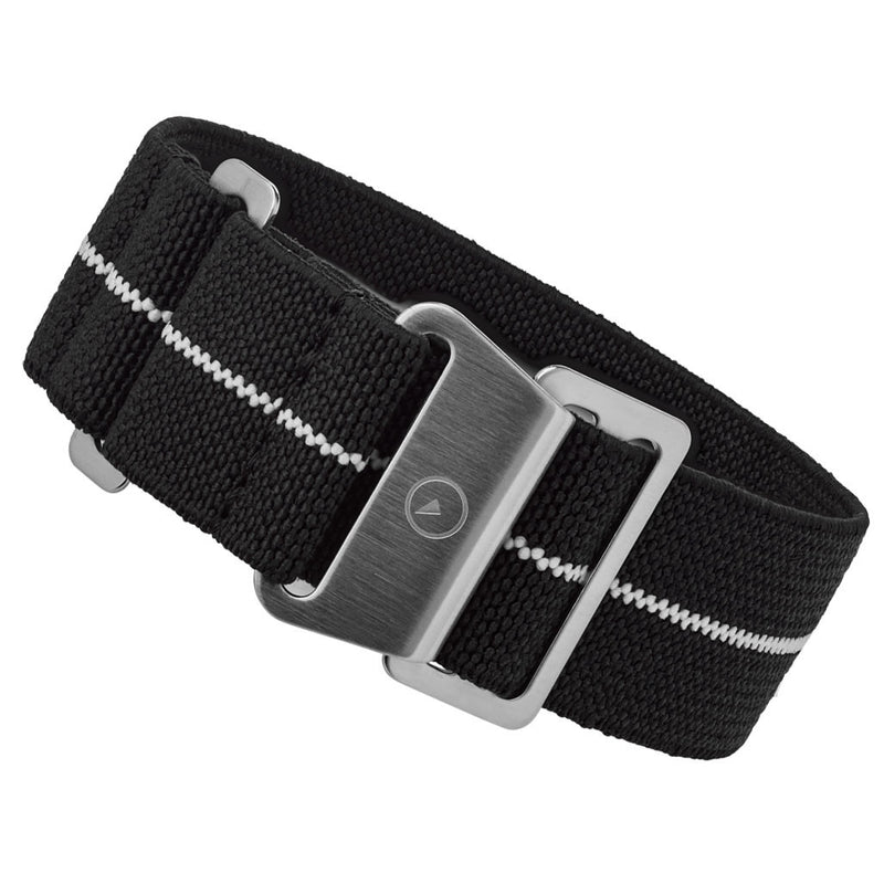 Black, White Stripe Elastic Woven Nylon Strap, Brushed Steel Clasp #EWB-20-SS