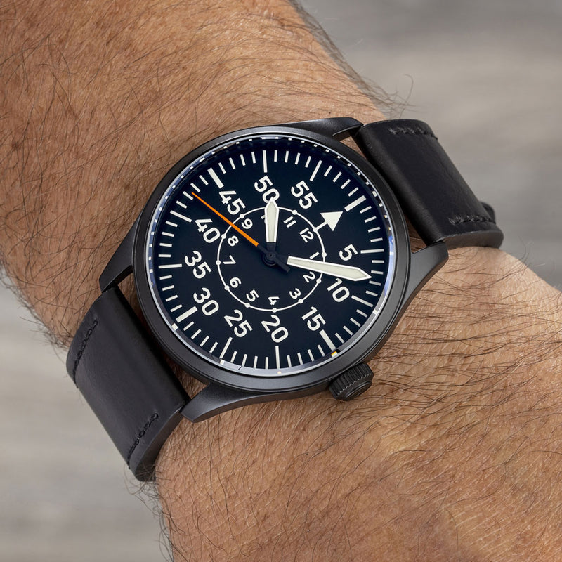 Islander Black DLC Aviator Automatic Watch with Leather Strap and an Anti-Reflective Sapphire Crystal #ISL-81