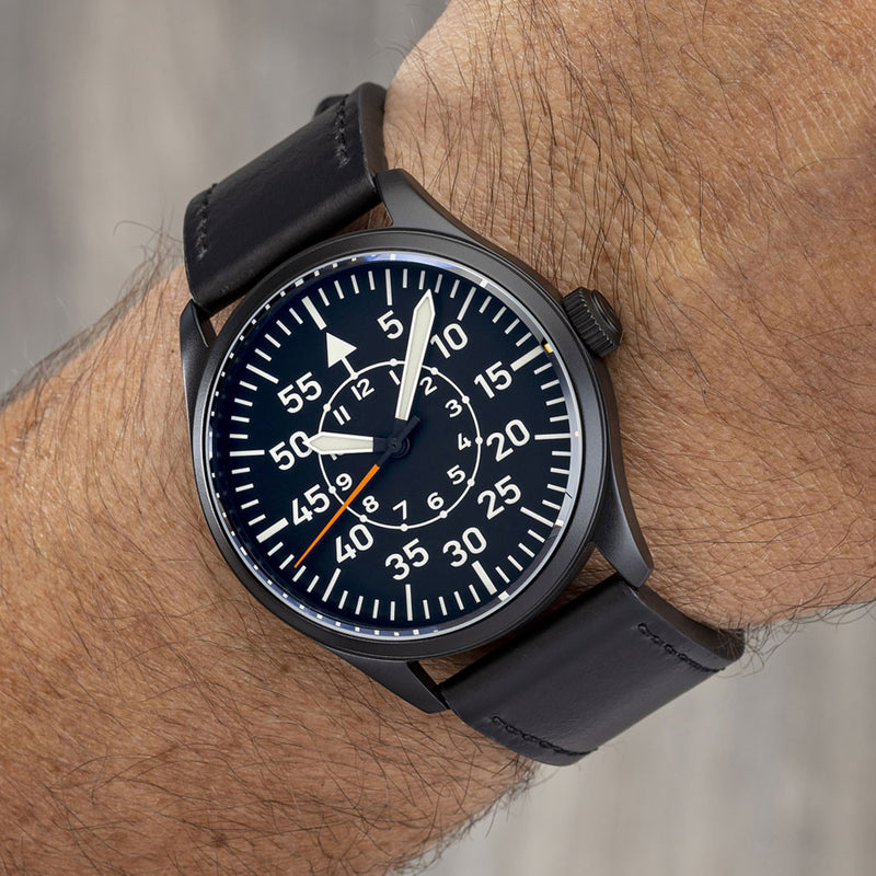 Islander Black DLC Aviator Automatic Watch with Leather Strap and an Anti-Reflective Sapphire Crystal #ISL-81